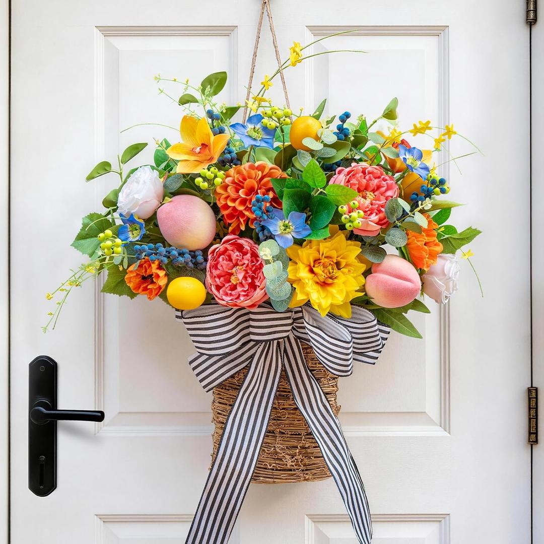 Pinkpuii Spring Summer Door Hanger Basket Wreaths for Front Door, Artificial Peony Hydrangea Flower Wreath with Blueberries & Realistic Peach & Lemon- Ideal for Home Porch Entryway Window Wall Decor