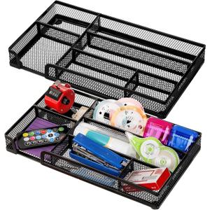 Noamus 2 Pack Desk Drawer Organizer, Metal Mesh Drawer Office Tray, 6 Compartments Pen Organizer Storage Box, Desktop Basket Accessories for Home Office School Kitchen Vanity Supplies, Black