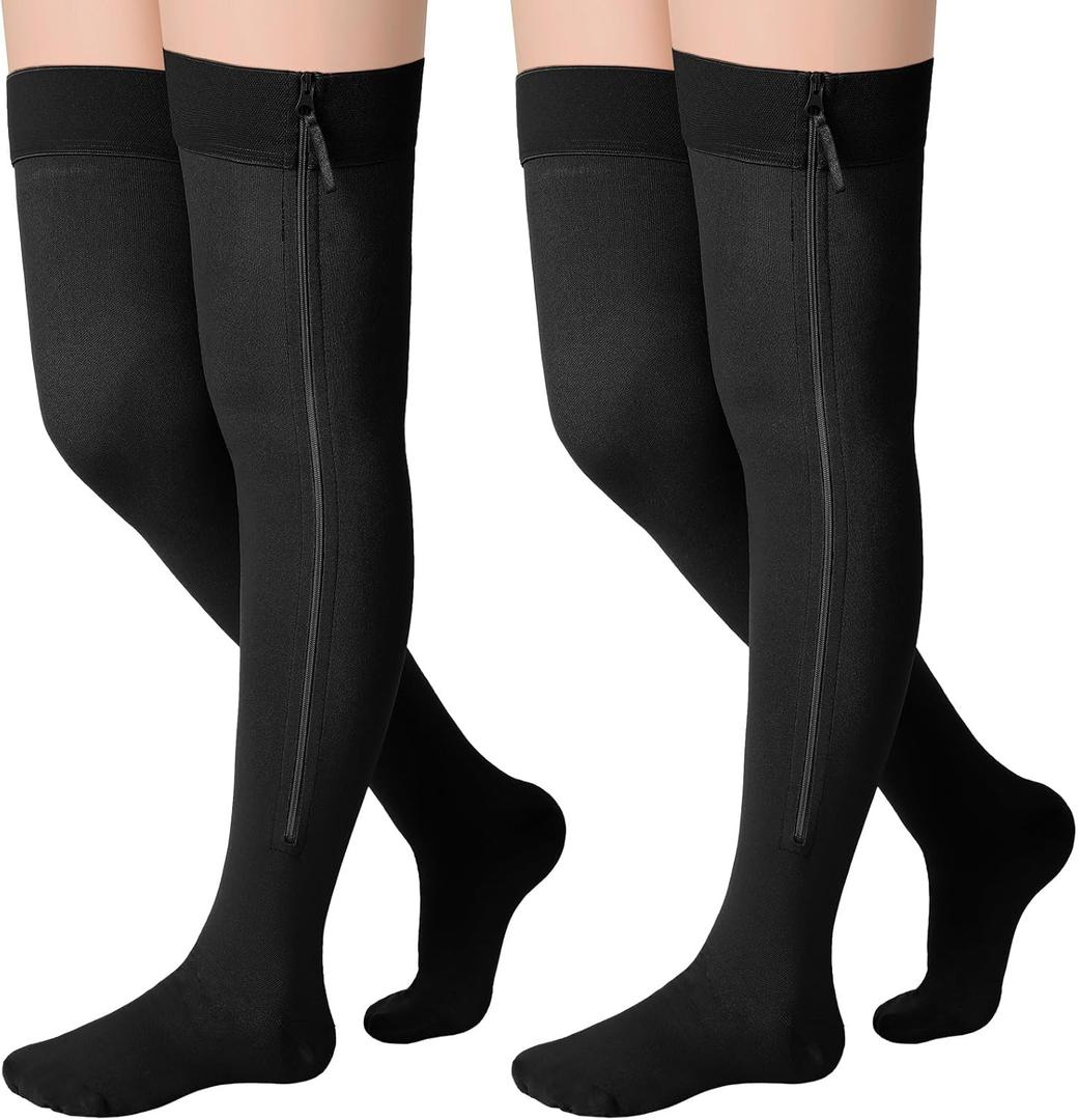 Sosation 2 Pairs Zipper Compression Socks Thigh High 20-30 Mmhg Closed Toe Thigh High Support Stockings(Black,Large)
