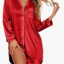 Ekouaer Satin Nightgowns for Women Button Down Sleep Shirt Silk Night Shirt Long Sleeve Boyfriend Sleepwear, XL, Red
