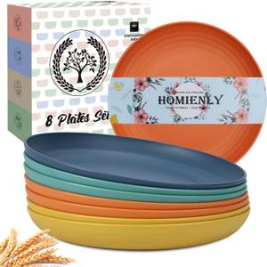 Homienly Deep Dinner Plates Set of 8 Alternative for Plastic Microwave and Dishwasher Safe Wheat Straw Kitchen Unbreakable Kids with 4 Colors (Colorful, 11 inch) (Deep plates-8) (Classic Bright)