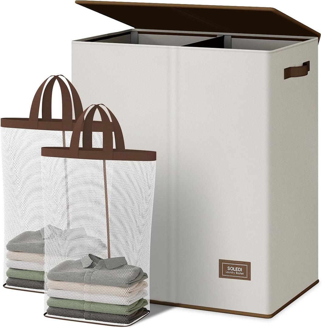 SOLEDI Luxury Double Laundry Hamper with Lid and Removable Bags, Large Hamper for Laundry, Laundry Basket 2 Sections, Collapsible Ditry Clothes Hamper for Bedroom, Laundry Room, Bathroom, Off-white (145L)