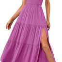 MEROKEETY Women's Summer One Shoulder Sleeveless Knot Smocked Midi Dress Split Tiered Flowy Dresses (Medium, Plum)