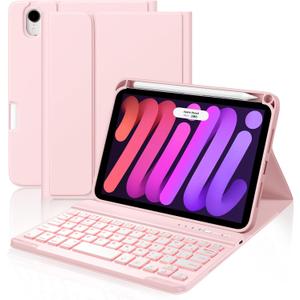 Cousper for iPad mini 7 Keyboard Case A17 Pro 2024/iPad Mini 6 Generation Case with Keyboard 2021 8.3 Inch, Pencil Holder, 7 Color Backlit Detachable Keyboard Cover for iPad mini 7th/6th Gen,Pink
