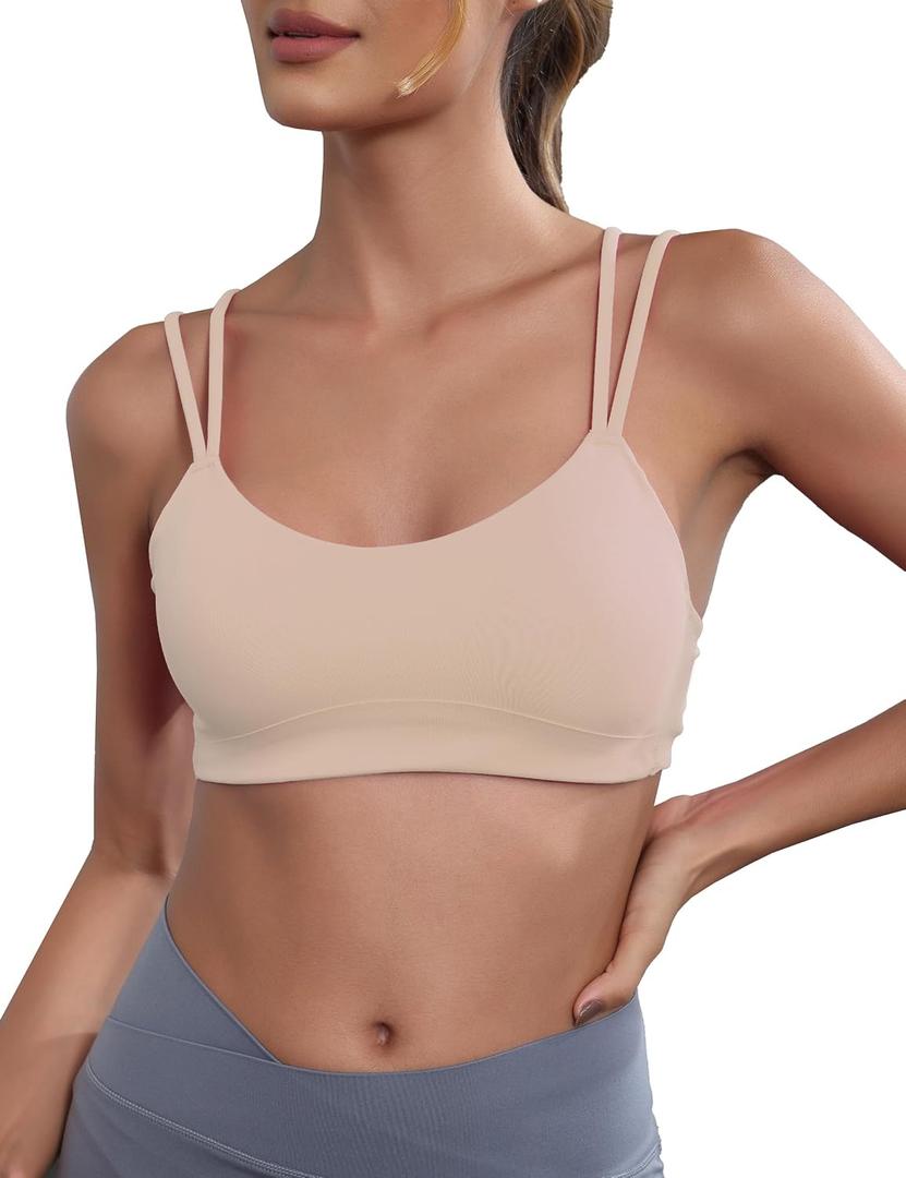 Yoga Sports Workout Bras for Women Seamless Molded Cup Spaghetti Double Strap Bra Wirefree Scoop Neck Tank Top Bras (X-Large, Pink)
