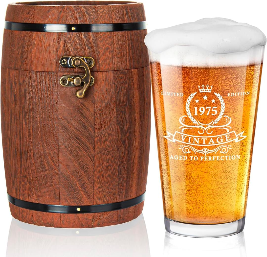 LIGHTEN LIFE 50th Birthday Gifts for Men 16oz,1975 Beer Glass in Barrel Box,50th Birthday Beer Glass,50th Birthday Gift Ideas,1975 Pint Glass for 50 Years Old Dad,Husband