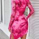 SHENHE Women's Mock Neck Ruched Drawstring Slit Long Sleeve Mesh Sexy Bodycon Mini Dress (Pink, XS)