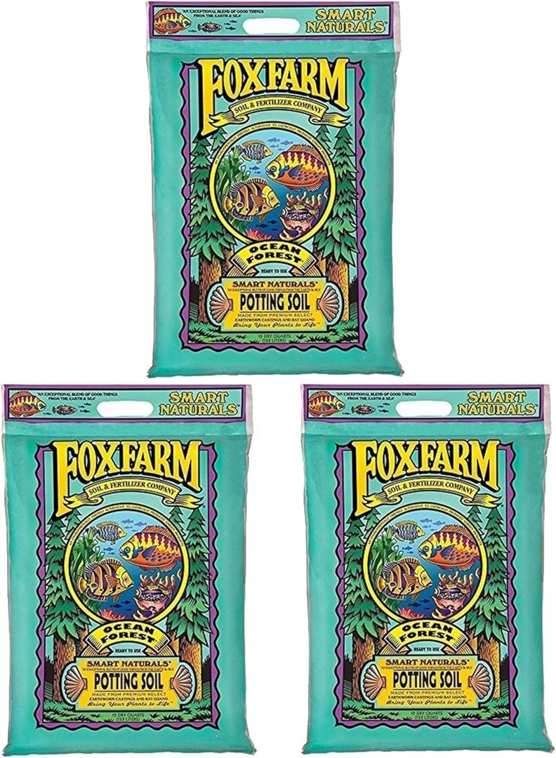FoxFarm Ocean Forest Potting Soil, 12qt  Light, Aerated Texture, Designed for All Container Plants  pH Adjusted for Optimal Nutrient Uptake, Effectively Retains Moisture (12 Quart (3 Pack))