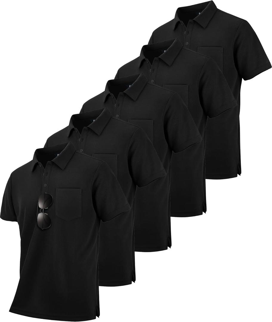 SCODI 5 Pack Mens Pocket Polo Shirts Short Sleeve Multipack Golf Shirt for Men Moisture Wicking Casual Athletic Work T-Shirts (3X-Large, Black)