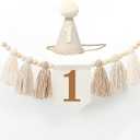 Boho 1st Birthday High Chair Banner with Cone Hat White Sand Beige Neutral First Birthday Girl Boy Baby Shower Wall Hangings Decoration