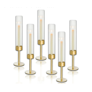 Glass Hurricane Candle Holders Set of 6, Brass Candlestick Holders, Taper Candlestick Holders, Elegant Dining Table Centerpiece for Wedding, Christmas & Home Decor-Ribbed