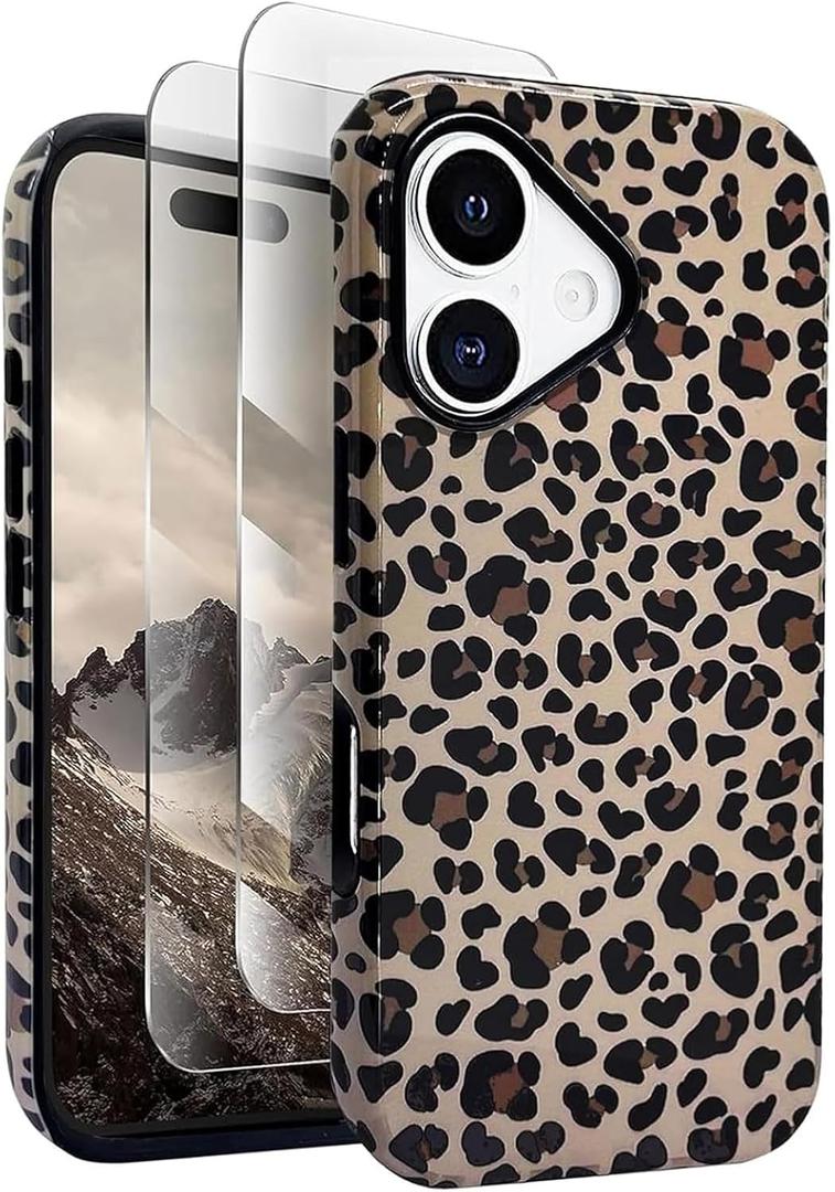 J.west Compatible with iPhone 17 Case 6.3 inch with 2 Pack Tempered Glass Screen Protectors Cute Animal Leopard Hybrid Cover for Girls Women Aesthetic Protective Phone Cases Cheetah