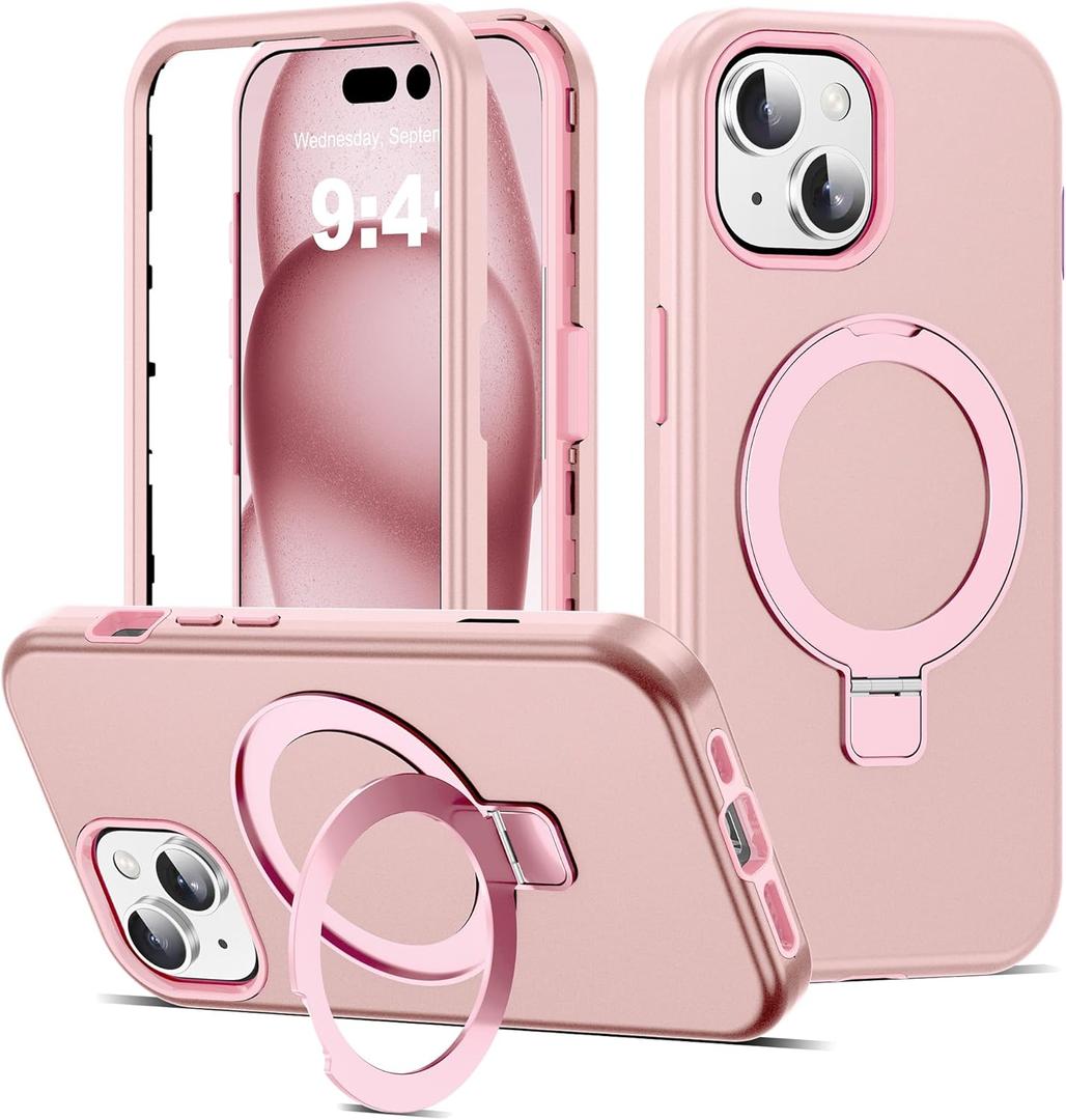 Compatible with iPhone 15 Case 6.1'' with Magnetic Ring Stand [Military Drop Protection][Compatible with Mag-Safe] Shockproof 15 Phone Case for Men Wowen,Rose Gold