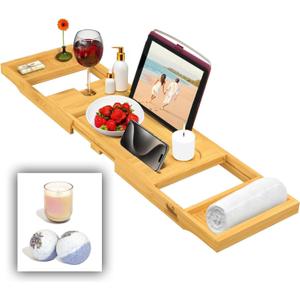 Foldable Bathtub Tray Expandable to 109cm with Bath Bomb and Scented Candle, Adjustable, Waterproof Bamboo Bathtub Caddy with Anti Slip Grip Pads for Home Spa