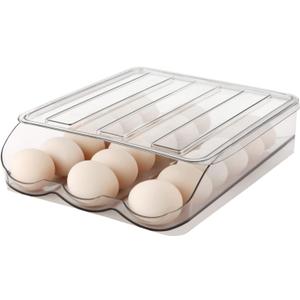 Egg Holder for Fridge, Automatically Rolling Egg Storage Container for Refrigerator,Large Capacity Egg Organizer for Fridge with Lid,Clear Plastic Dispenser, Tray & Bin -1 Layer