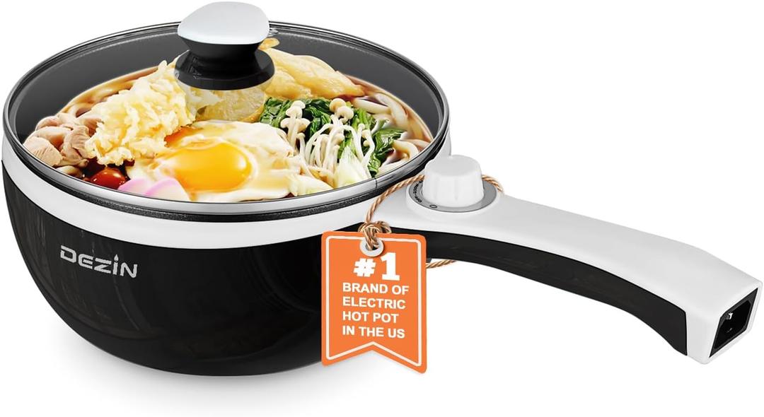 DEZIN Hot Pot Electric Upgraded, Non-Stick Saut Pan, Rapid Noodles Electric Pot, 1.5L Mini Portable Hot Pot for Steak, Egg, Fried Rice, Ramen, Oatmeal, Soup with Power Adjustment (1.6 Quarts, Black)