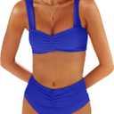 ANRABESS Bathing Suit for Women Tummy Control Bikini Set 2025 Beach Front Ruched Mid Waist Swimsuit with Adjustable Straps (Medium, Royal Blue)