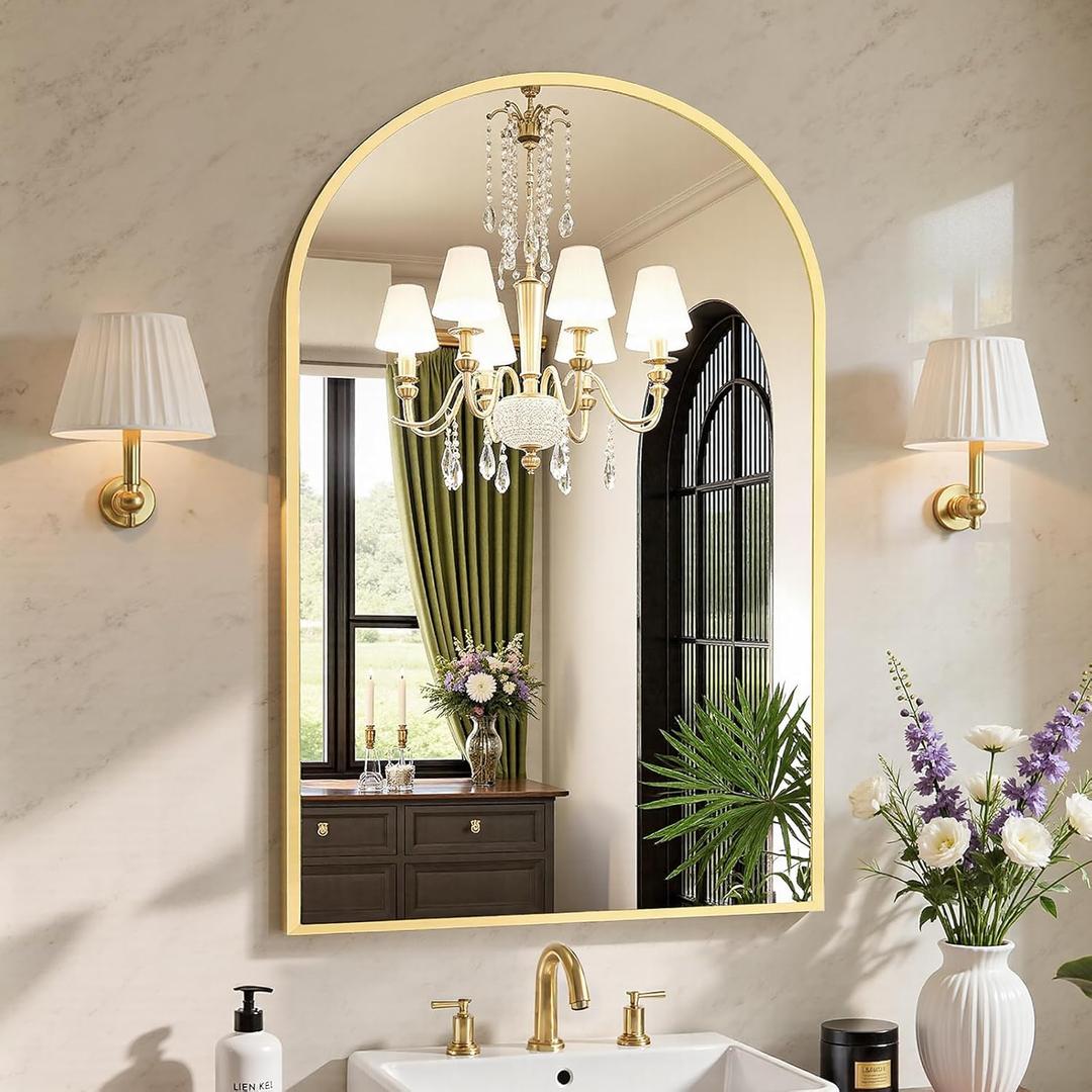 Sweetcrispy 24"x36" Arched Gold Bathroom Mirror Wall Mounted Vanity Metal Frame Mirror for Bedroom, Entryway, Living Room