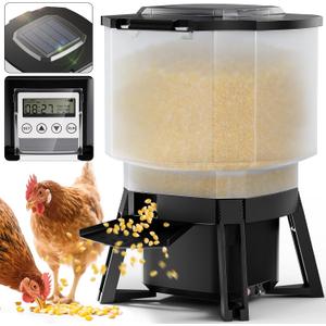 Solar Automatic Chicken Feeder with Timer, 20lbs PVC Poultry Feeder No Waste, Rat Proof Chicken Automatic Feeder with LCD Display, 6 Programmable Feeding Times (020s/Slot), 3 Throw Distances