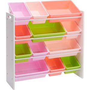 Amazon Basics Kids Toy Storage Organizer with 12 Plastic Bins, White Wood with Pink Bins, for Bedroom and Playroom, 33.85"D x 12.79"W x 35.42"H