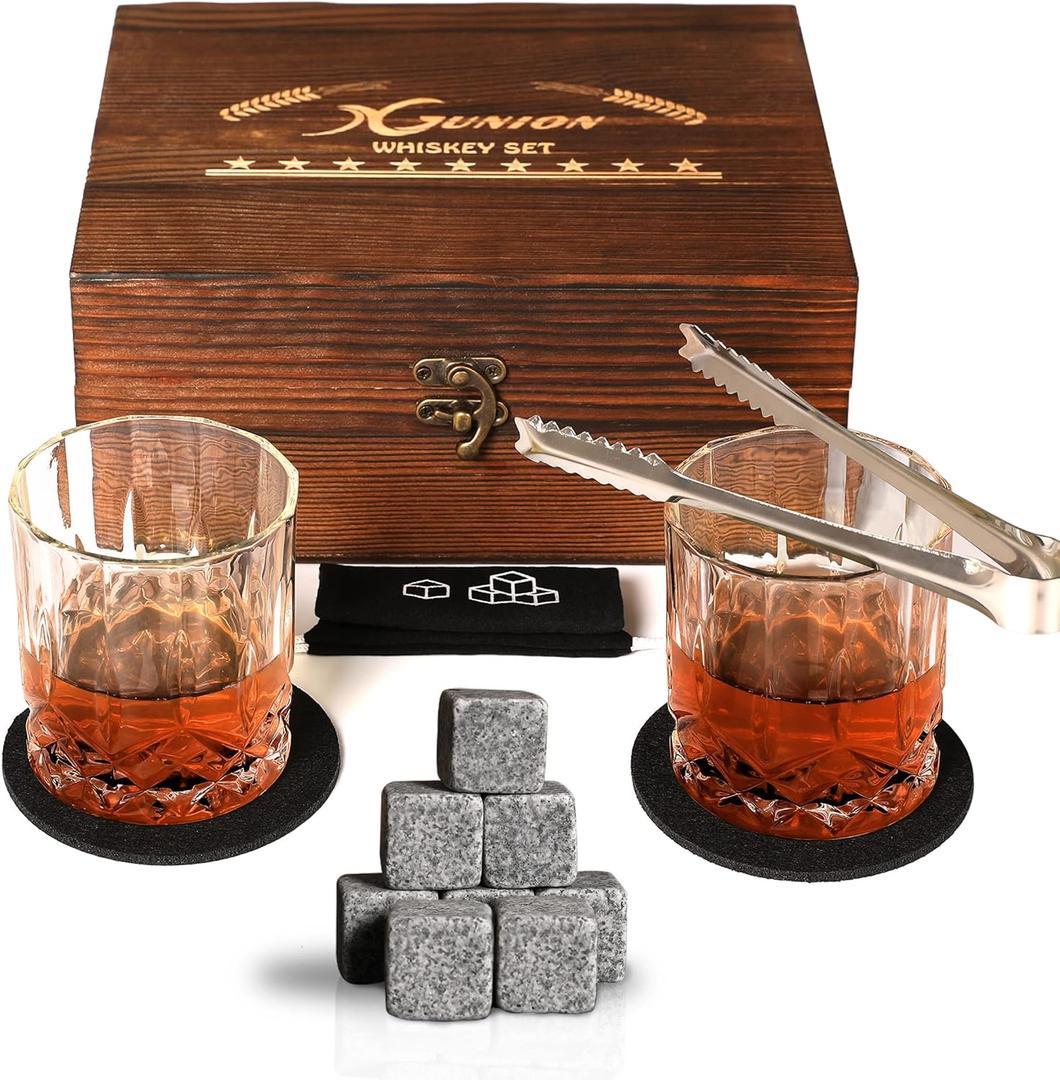 Whiskey Stones Gift Set for Men Dad Fathers Day Whiskey Glasses Set 2 Bourbon Glasses 8 Granite Chilling Rocks with Tongs Perfect for House Warming Anniversary Birthday for Men