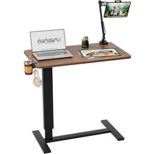 Overbed Bedside Table with Wheels, Adjustable Hospital Bedside Desk, Rolling Laptop Table, Mobile Standing Desk, Laptop with Cup Holder & Phone/Tablet