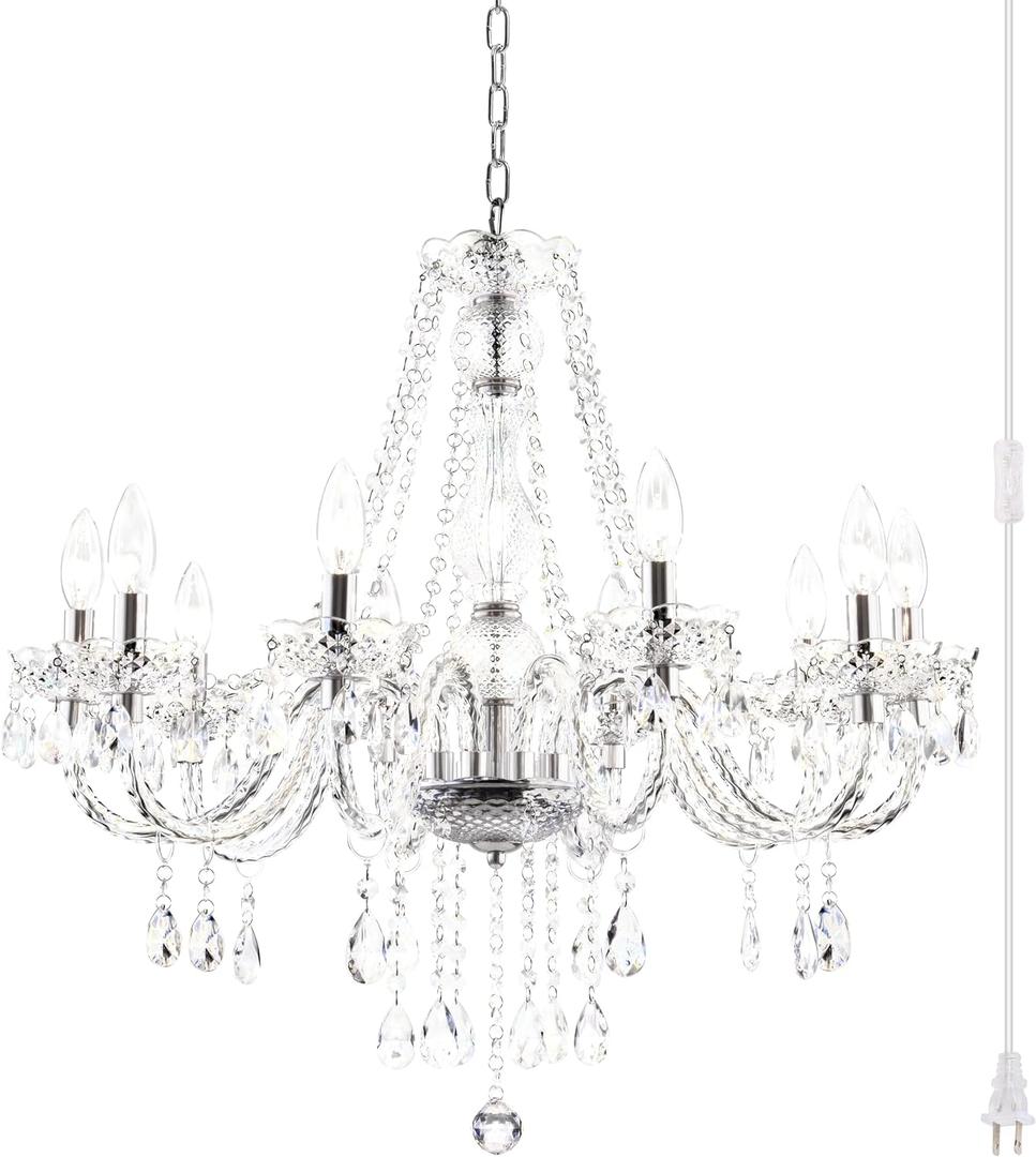 PAPAYA Plug in Crystal Chandeliers Clear Chandelier 25 * 27.5in 10-Light Modern Pendant Ceiling Lighting Fixture with Acrylic Crystals & Beads for Girls Room,Living Room,Kitchen Island,Entryway.