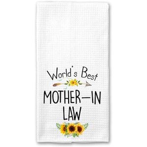 3 x World's Best Mother-in-Law Kitchen Towel, Floral Sunflower Kitchen Towel, Best Mother-in-Law Ever, Gift Mothers Day Birthday Christmas Thanksgiving for Mother-in-Law