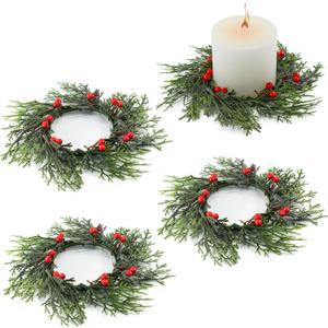 Bacucine 4 PCS Christmas Candle Rings Christmas Decorations Artificial Berries Pine Needles Candle Wreaths for Home Wedding Living Room Table Decoration