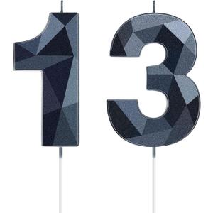 Nuanchu 13th Birthday Candles Black Number 13 Candles Happy Birthday Cake Topper 3D Diamond Shape Numeral Candles Decoration for Boy Girl Women Wedding Theme Party Anniversary Favors(Black)
