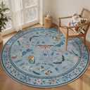 6ft Washable Round Rug - Bug Rugs for Living Room Non-Slip Low Pile Soft Ultra-Thin Machine Washable Circle Carpet for Bedroom, Entryway, Nursery, Kitchen, Home Office (6' Round Blue)