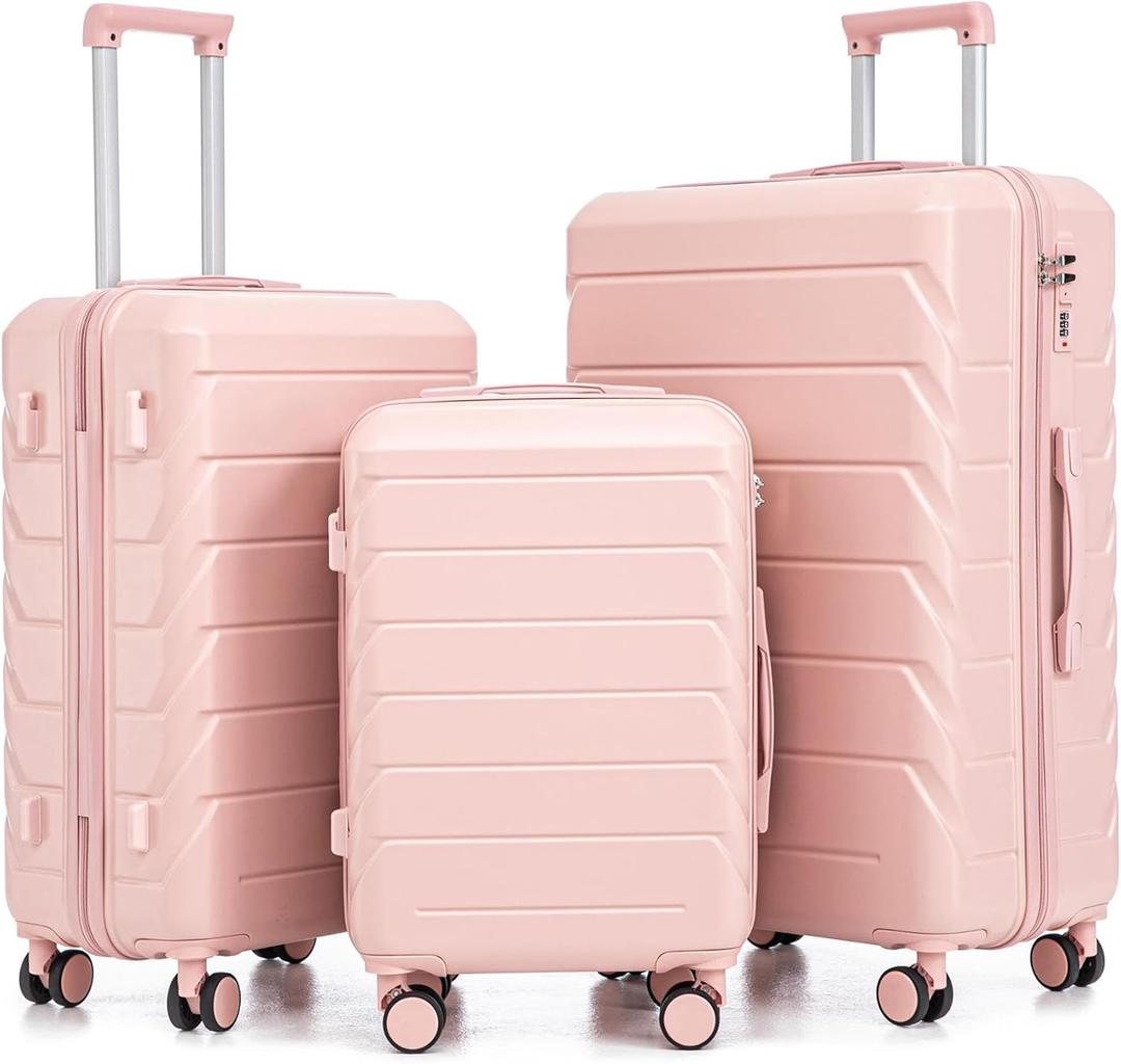 Hardside Luggage Sets, Lightweight Stripes Suitcase with Spinner Wheels, Pink-220