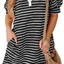 BLENCOT Women's Casual Polo V Neck T Shirt Striped Dress Summer Puff Short Sleeve MIdi Dresses (S)