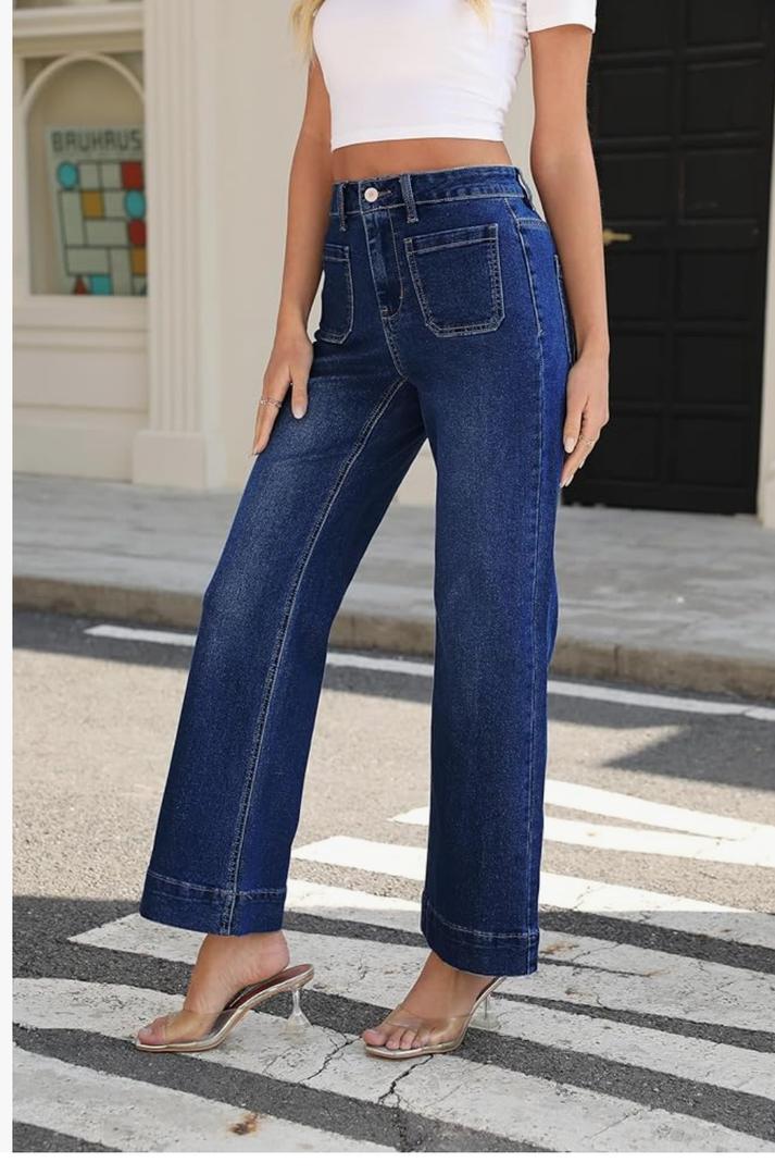 Women's Wide Leg Jeans Trendy High Rise Straight Leg Jeans for Women Stretchy Pockets Bootcut Denim Pants, S