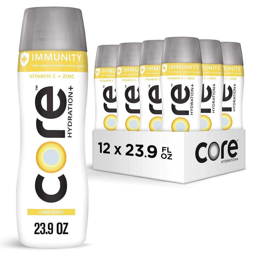 CORE Hydration+ Immunity, Lemon Extract Nutrient Enhanced Water with Vitamin C and Zinc, 23.9 Fl Oz Bottle (Pack of 12) (EXP 10/14/26)