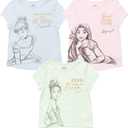 Disney Princess Ariel Cinderella Tiana Moana Jasmine Belle Girls 3 Pack T-Shirts Toddler to Big Kid (4, Blue / Green / Pink)