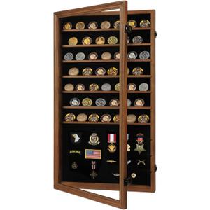 Jinchuan Military Challenge Coin Display Case Lockable Cabinet Rack Shadow Box with Removable 2 Grooves Shelves and Anti Fade Acrylic Glass for Casino Poker Chips Collectibles, Extra Large - Walnut