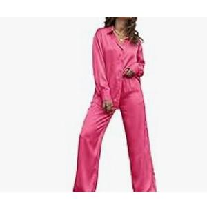 Satynova Women's Silk Satin Pajama Sets Long Sleeve,2 Piece Sleepwear with Button Down Top and Pants,Soft Loungewear Pink Size L