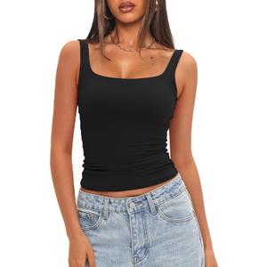 Darong Women's Padded Square Neck Tank Tops Summer Double Layer Basic Sleeveless Tank Shirts Built in Bra (Medium, Black)