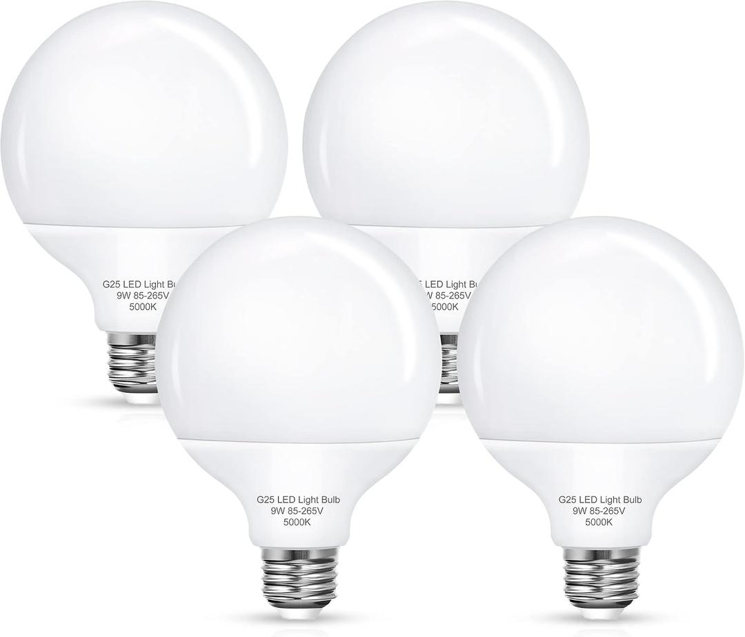 Flaspar G25 LED Vanity Light Bulbs, 100W LED Globe Bulb Equivalent, 9W Vanity Bulbs for Bathroom, 5000K Daylight White 900LM, E26 Base Round Makeup Mirror Bathroom Lights Bulb Dcor Lighting, 4 Pack