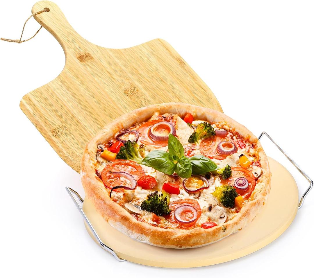 ZENFUN Round Pizza Stone with Wooden Peel and Metal Carry Rack 12 In Cooking Pizza Stone for Oven Baking and BBQ Grilling Round Baking Stone Cordierite Pizza Cooking Pan Free Bamboo Pizza Peel Paddle