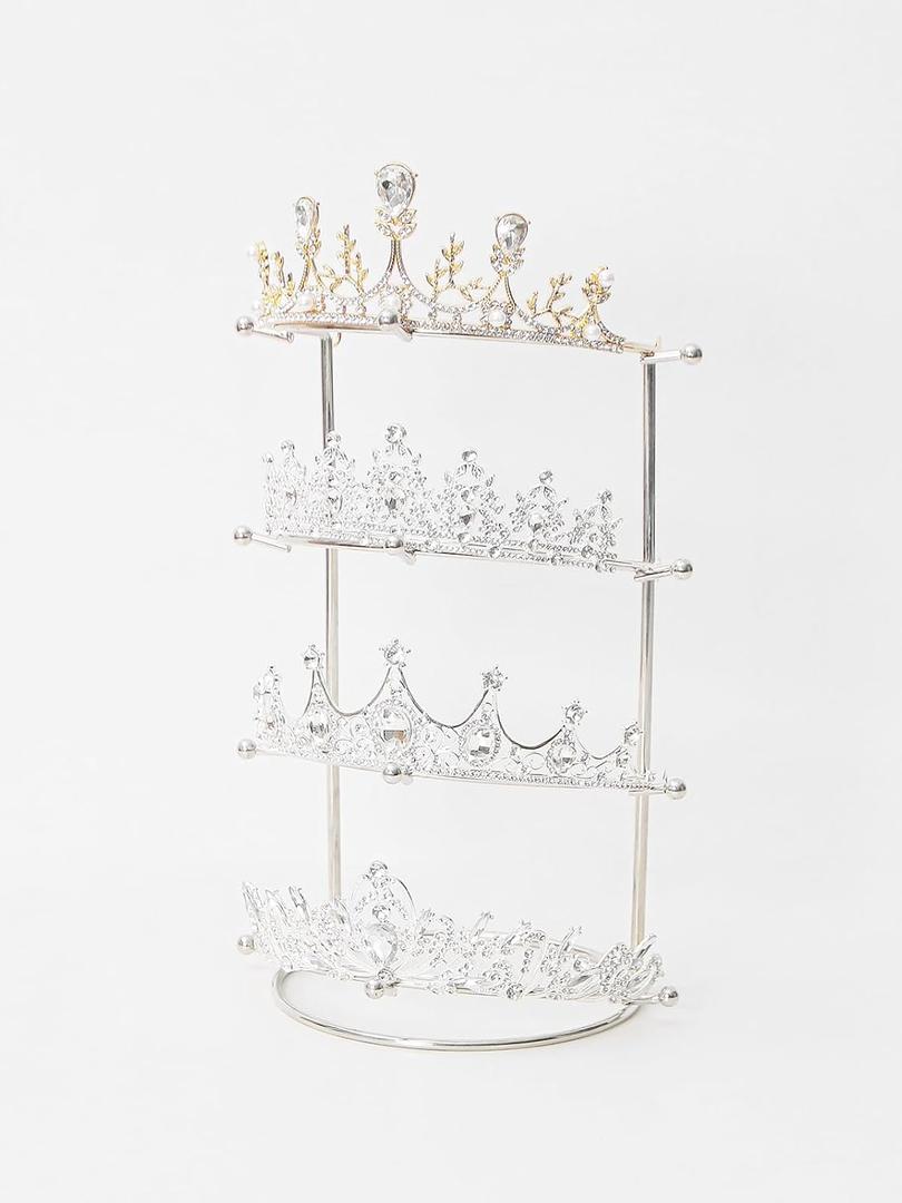 Byken 4 Tier Crown Holder,Tiara Organizer,.Golden Bridal Headdress Display Stand for Selling,Headband Ear Crown Storage Tower,Jewelry Holder for Girls Wedding Home Shop Store (Silver)