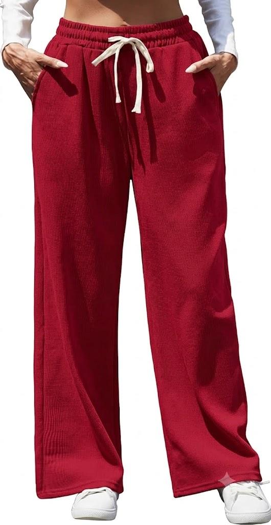Womens Wide Leg Corduroy Pants Elastic Waisted Casual Sweatpants Adjustable Drawstring Warm Trousers with Pockets  2 Red