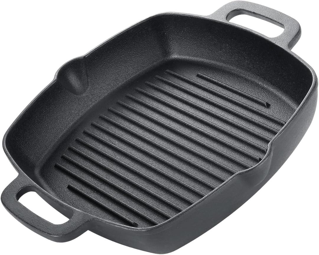 Cast Iron Grill Pan, 11 Inch Griddle Pan for Stove Top, Square Grill Pan with Handles for Stoves, Ovens, Barbecue