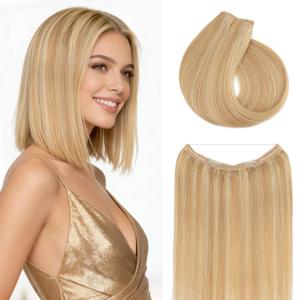 Rich Choices Short Halo Hair Extensions Real Human Hair Remy Hairs Halo Extension for Women Invisible Wire One Piece Hairpiece for Short Hairs 14 Inch #18P613 Ash Blonde Highlight Bleach Blonde