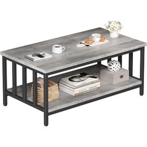 Homeiju Coffee Table for Living Room with Slatted Sides Frame, Modern Farmhouse Living Room Table with 2-Tier Storage Shelf for Home Office, Apartment, 39 inch Grey Wash (39.4L*21.6W*18.1H)