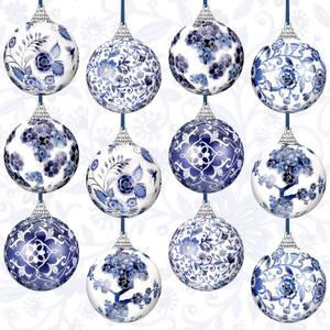Poen 12 Pcs Chinoiserie Christmas Ornaments 2.36 Inch Blue White Ball Ornaments with Ribbon Poam Porcelain Chinoiserie Christmas Decorations for Xmas Tree Home Party Decor, Not Porcelain
