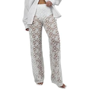 Women Floral Lace Sheer Mesh Pants Sexy Elastic Low Waist See Through Flare Bell Trouser Y2K Wide Leg Club Bottoms (Large, White)