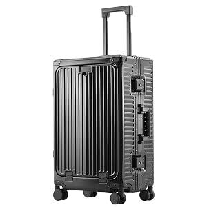 YYW All Aluminium Luggage With Spinner Wheels Lightweight PC hardside Rolling Suitcase, Built-In TSA lock Carry on Suitcase, with Cup Holder, USB Port, Phone Holder (Silver,20inch/35x23x55cm)
