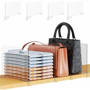 Yieach 4 Pack Towel,Sweater,Purse Organizer and Acrylic Shelf Dividers for Closet Organization - Adjustable Height - Vertical Shelf Separators for T Shirt,Clear Closet Shelf Divider for Wood Shelves